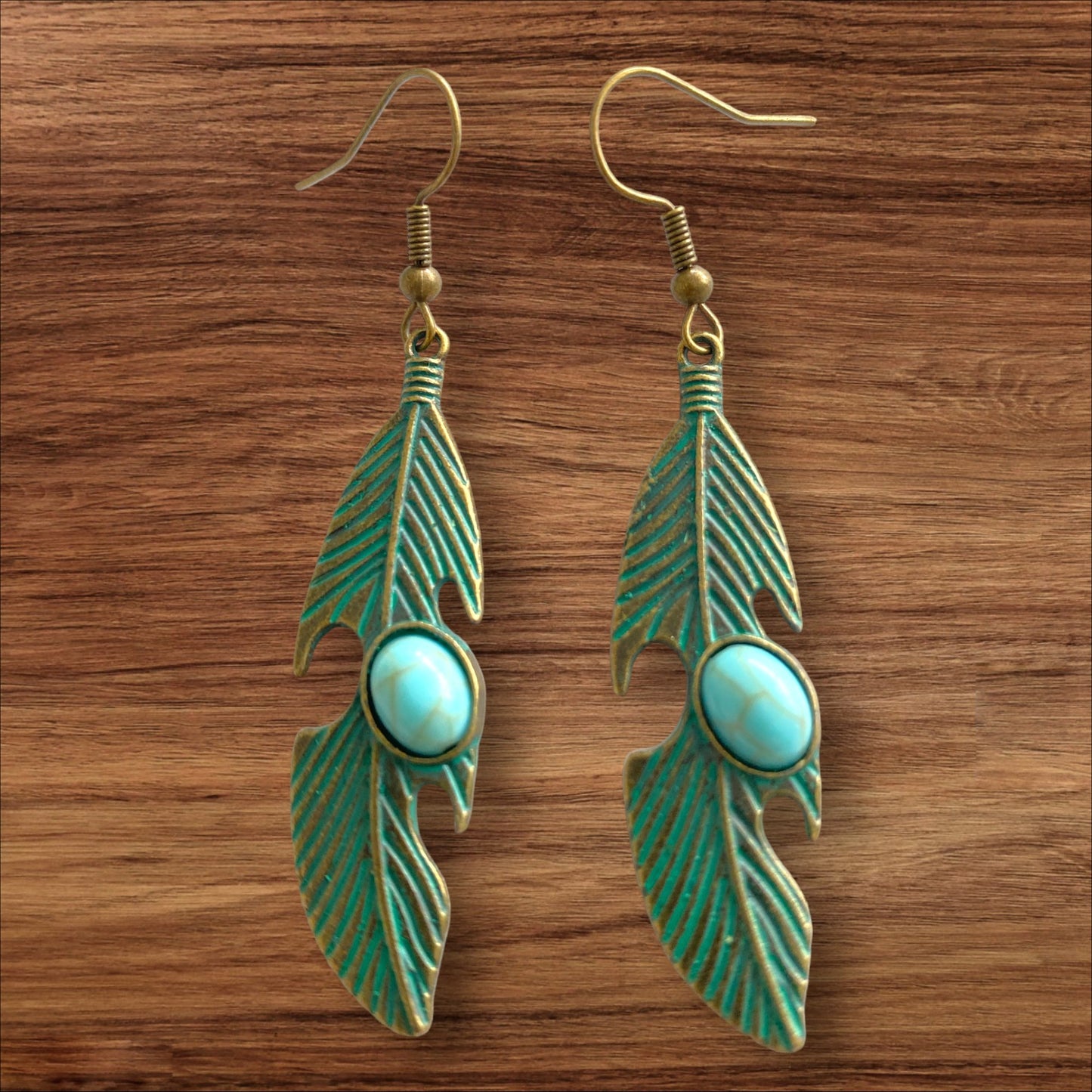 Feather Design with Round Turquoise Stone Zinc Alloy hook Earrings