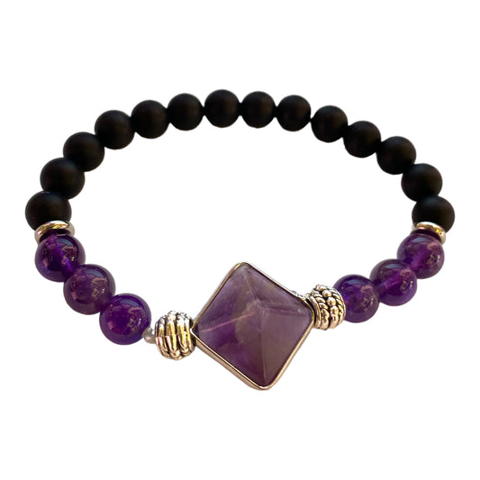 Amethyst Pyramid Bead 16mm Black Agate Bead Bracelet 8mm Approx 7 Inch - NEW424