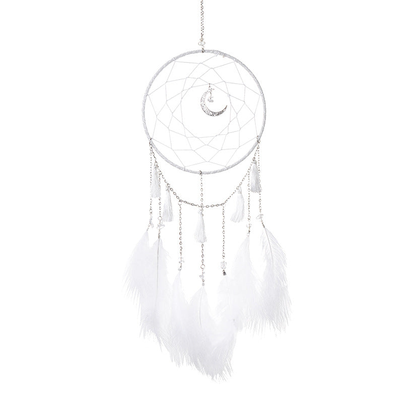 Feather Dream Catcher with Crescent Moon - Velveteen & Chain - White - 16 x 50cm - No Lights - NEW922