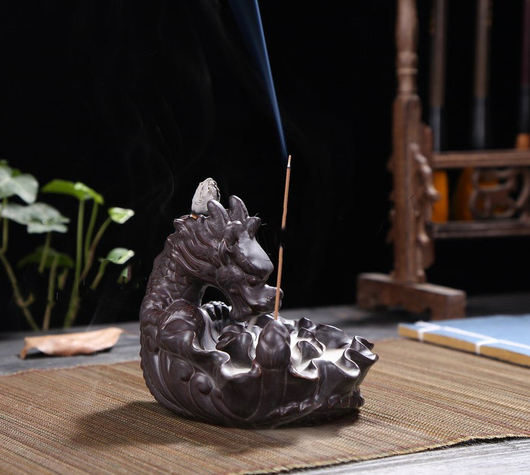 Dragon Backflow Incense Burner Ceramic - Brown - 12x11.5x10cm - NEW424