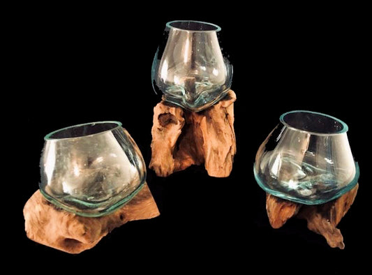 HAND BLOWN VASE ON TEAK DRIFTWOOD BASE 5 inch - Each piece is Original - NEW222
