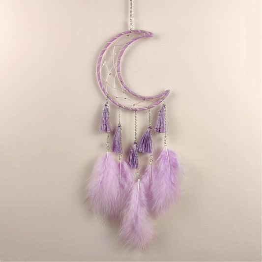Crescent Moon Shape Feather Dream Catcher with Velveteen - Lavender & Purple - 15x55cm long - NEW125