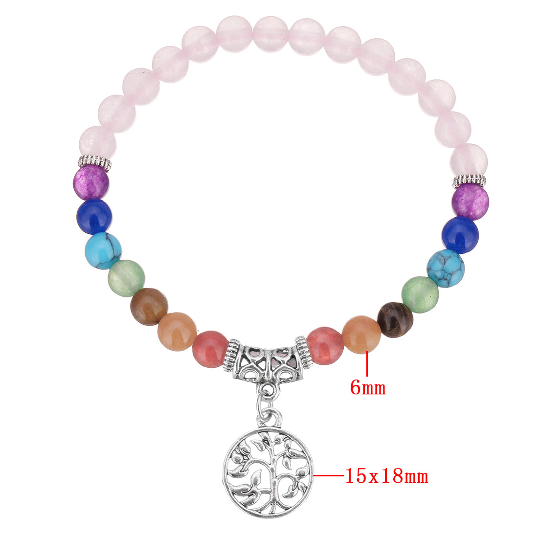 Rose Quartz Bracelet with Mixed Stones & Tree of Life Charm - 6mm Beads -Approx 8 Inch