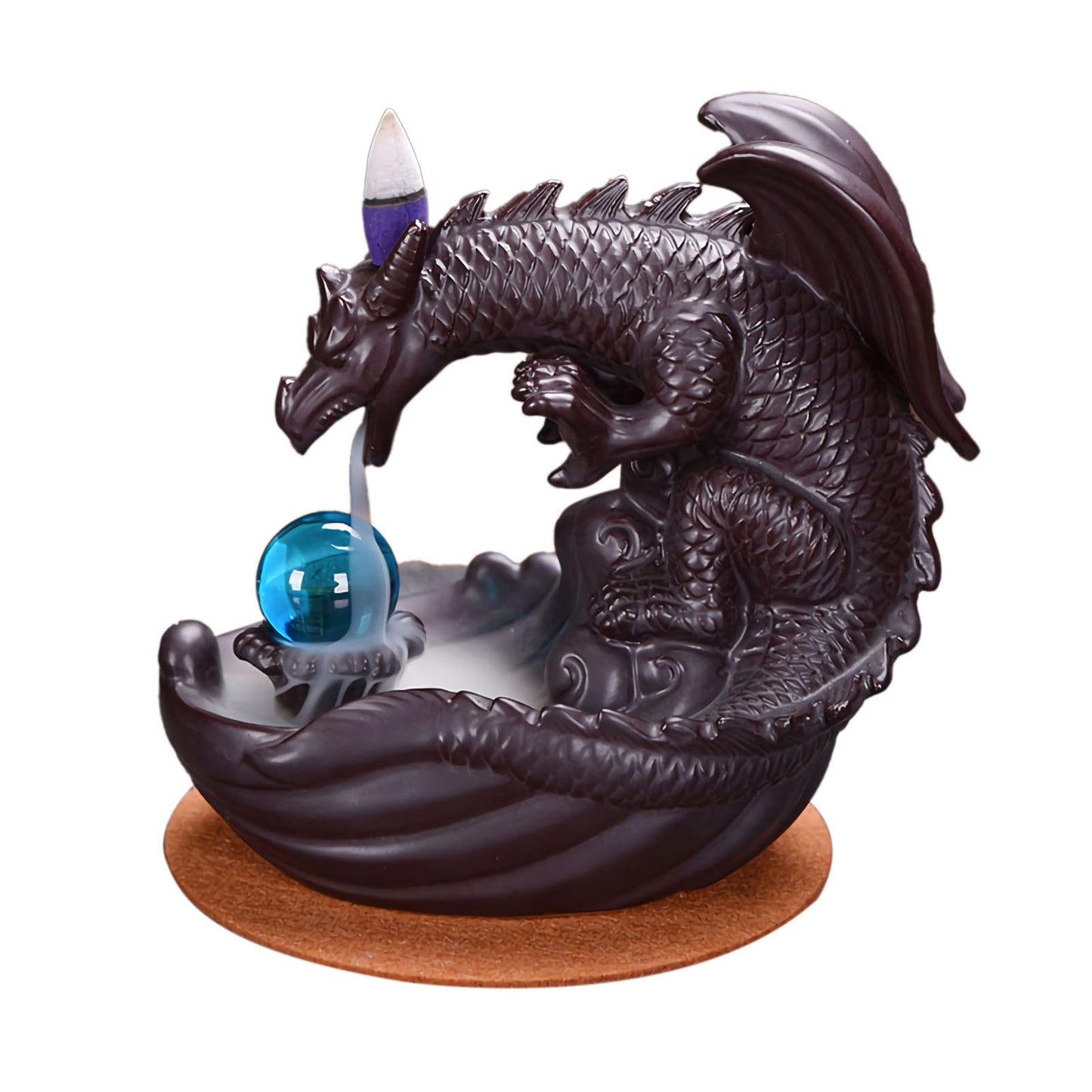 Dragon Backflow Incense Burner with Blue Glass Sphere  Ceramic - Black - 16.5x10x15.5cm - NEW424