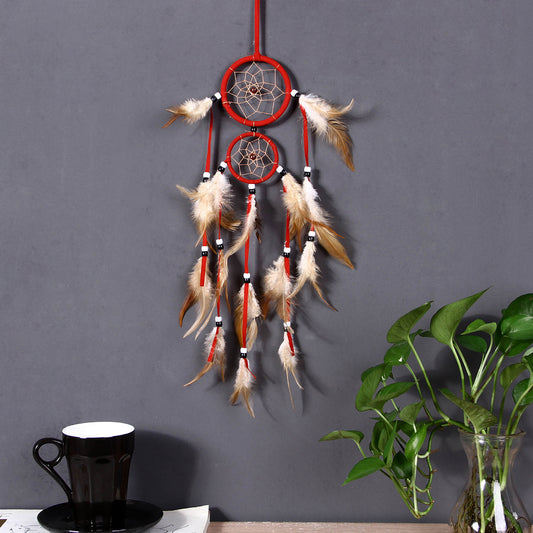 Fashion Dream Catcher Velveteen with Feather & Satin Ribbon & Glass Seed Beads Tassel - Red - 500 to 600mm