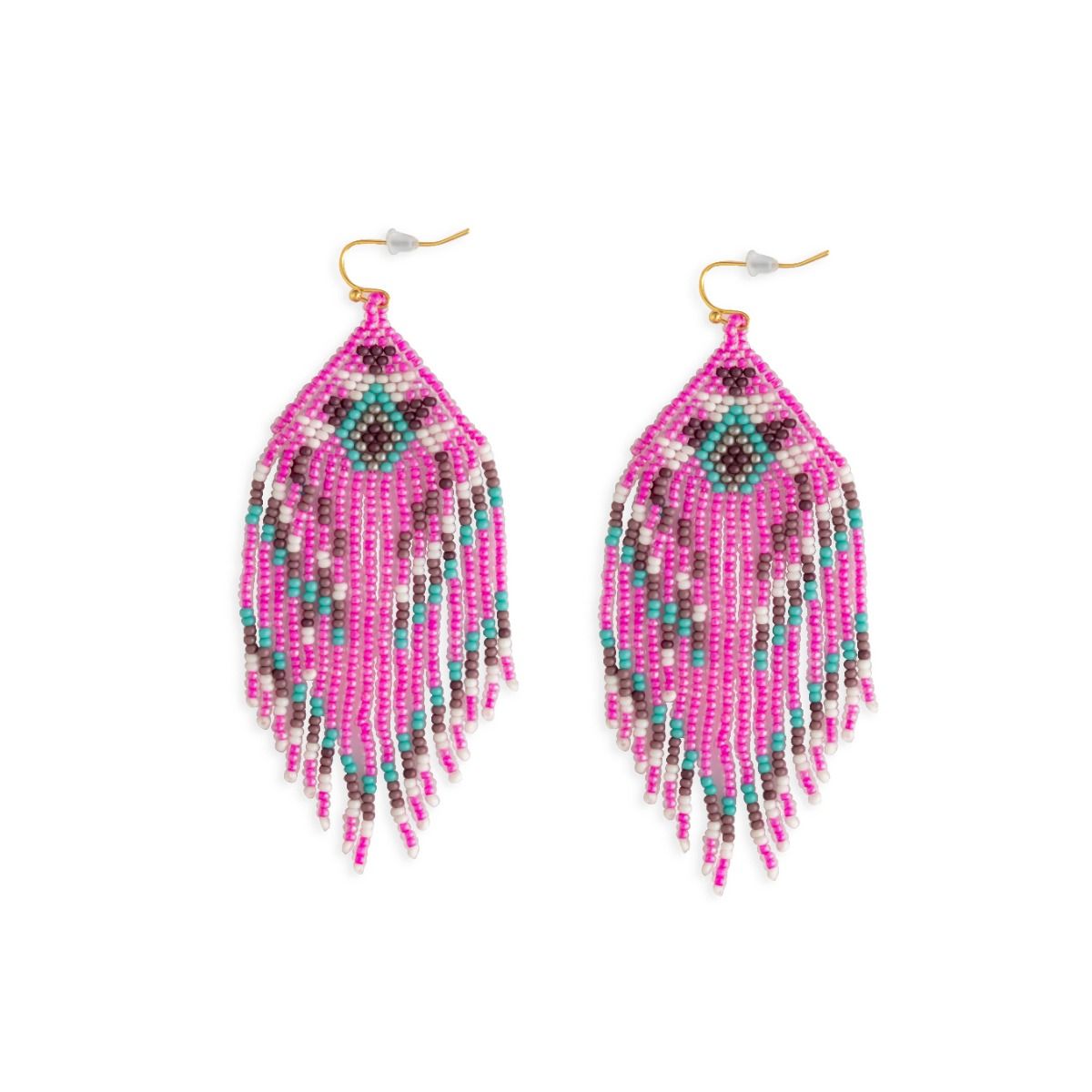 Ma-apoli Glass Beaded Earrings - 3.5 inch Long - magenta, turquoise, deep bourbon, white - NEW424