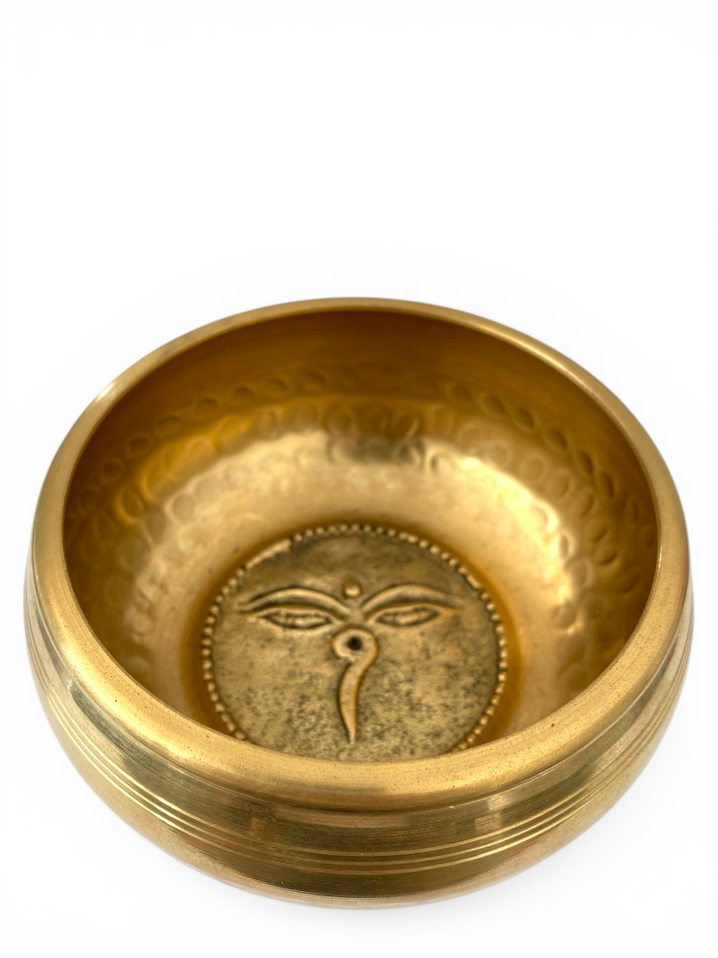12cm Note E Hammered Singing Bowl with Buddha Eyes & 3 lines - Size 1 - colour Brass - Nepal