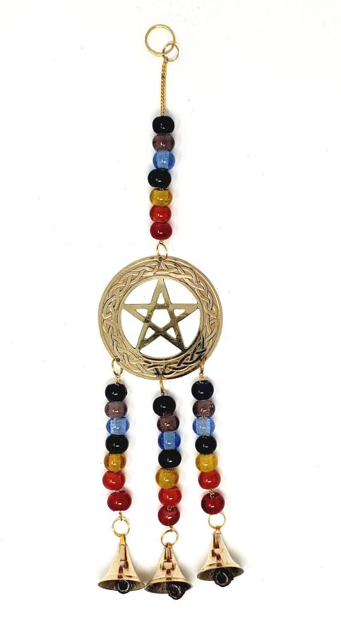 Pentagram Brass WIND CHIME with Multi colored  beads 3 Bells - 14 inch - India - NEW1222