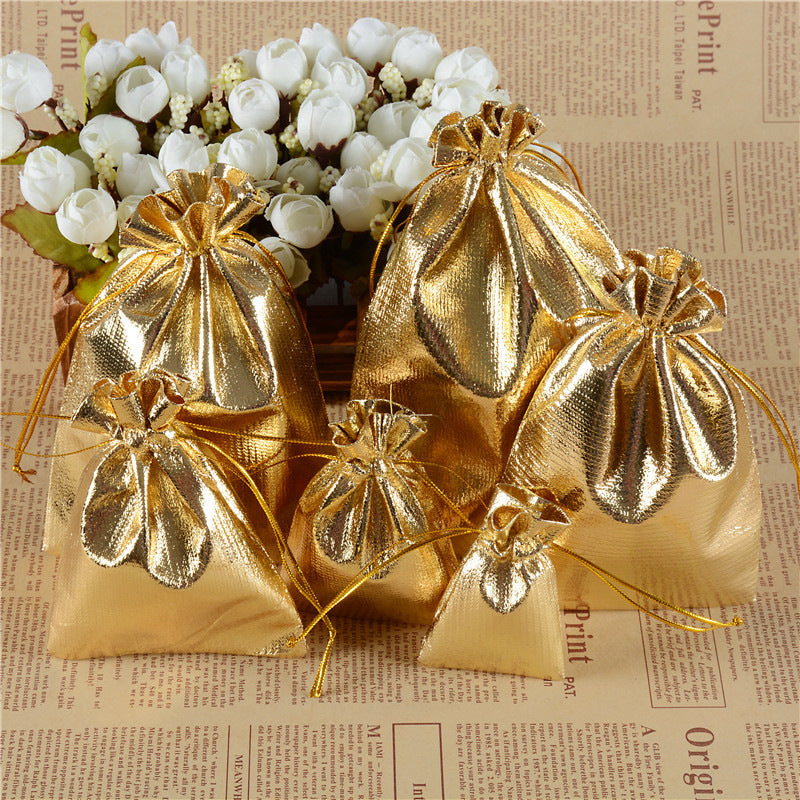 Pack of 100 Metallic Gold Woven Fabric Jewelry Bags 3.55 x 4.7 inch - with Draw String