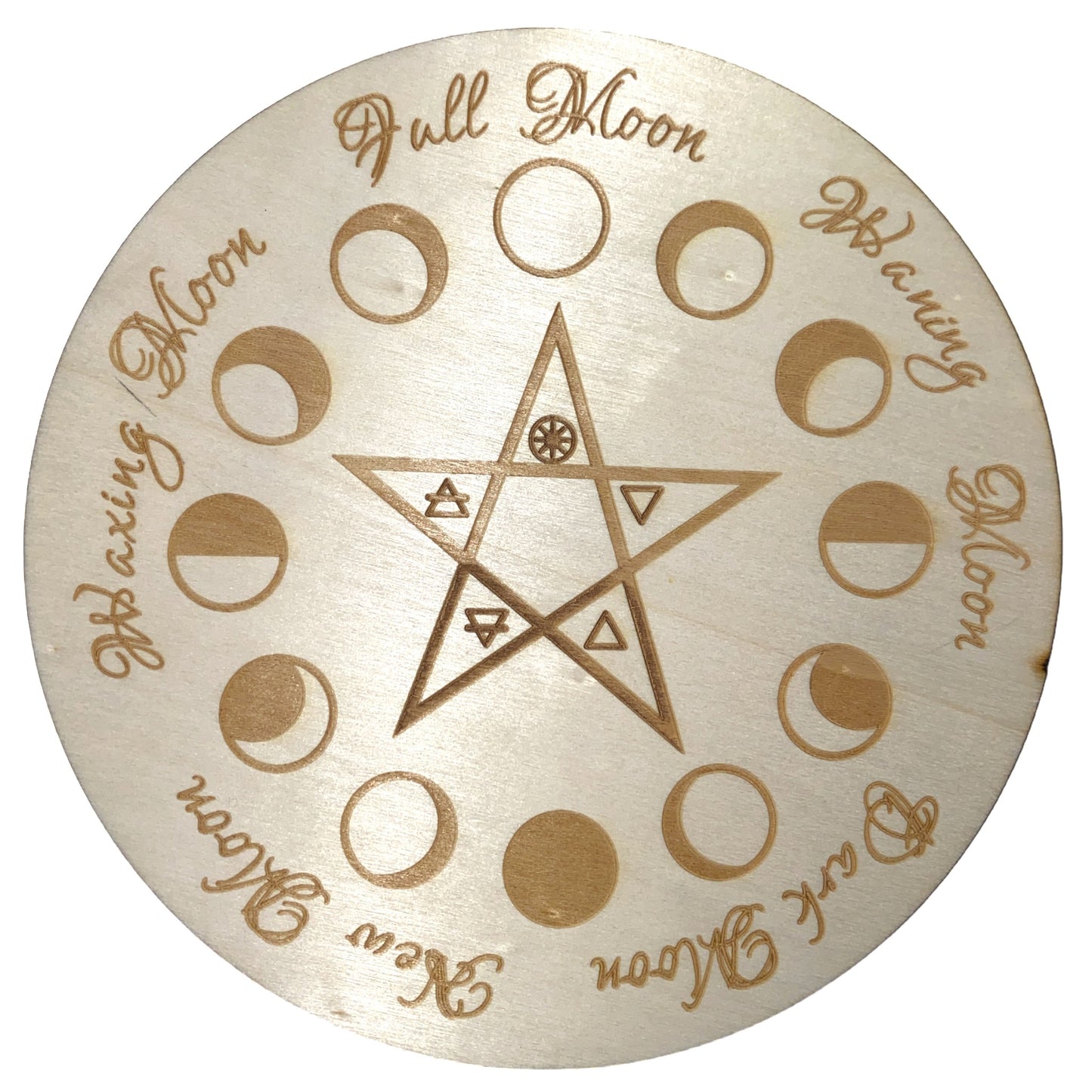 Star with Moon Phases - Wood Hot Pad - Pendulum Charging Plate - Natural - 20cm - 7.75 inch - Made in China - NEW423