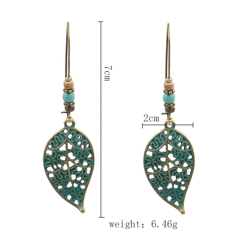 Antiqued Bronze Leaf Earrings with Synthetic Turquoise & Wood Hooks - Zinc Alloy Lead & Cadmium Free - Size 20x70mm