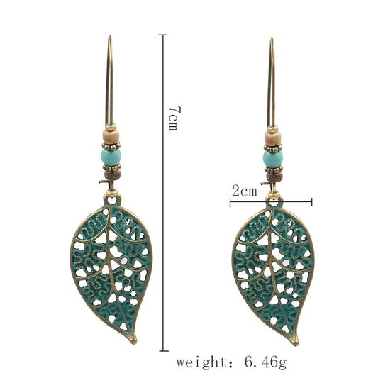 Antiqued Bronze Leaf Earrings with Synthetic Turquoise & Wood Hooks - Zinc Alloy Lead & Cadmium Free - Size 20x70mm