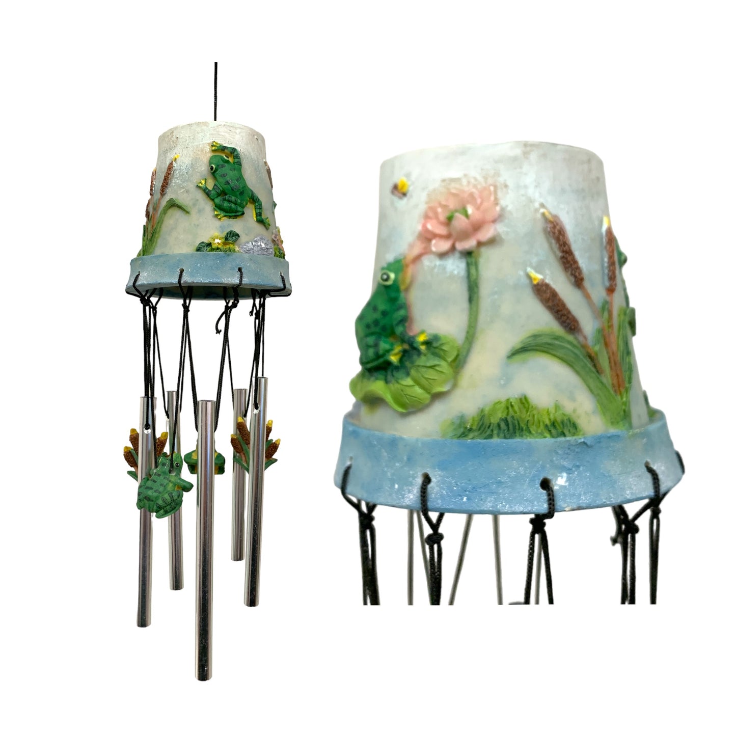 FLOWER POT WIND CHIME - 12 INCH - FROGS AND BULLRUSH