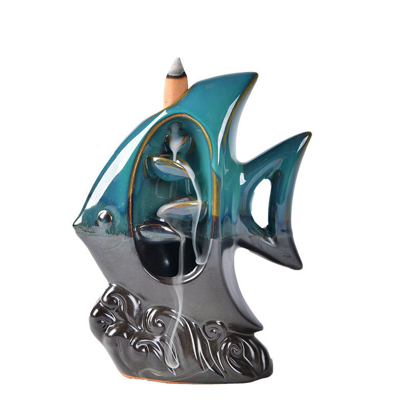 Blue Fish Porcelain Backflow Burner - 12.5x16cm - China - NEW922