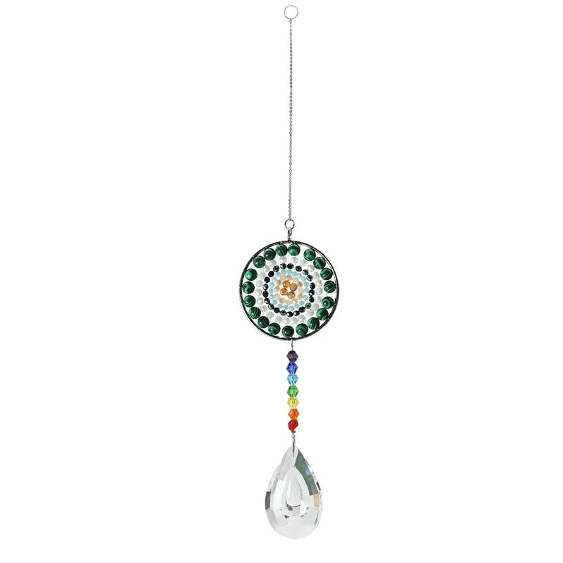 K9 Crystal Hanger with Chakra Beads and Green Red Gemstones Clear Glass - 14 inch - NEW523
