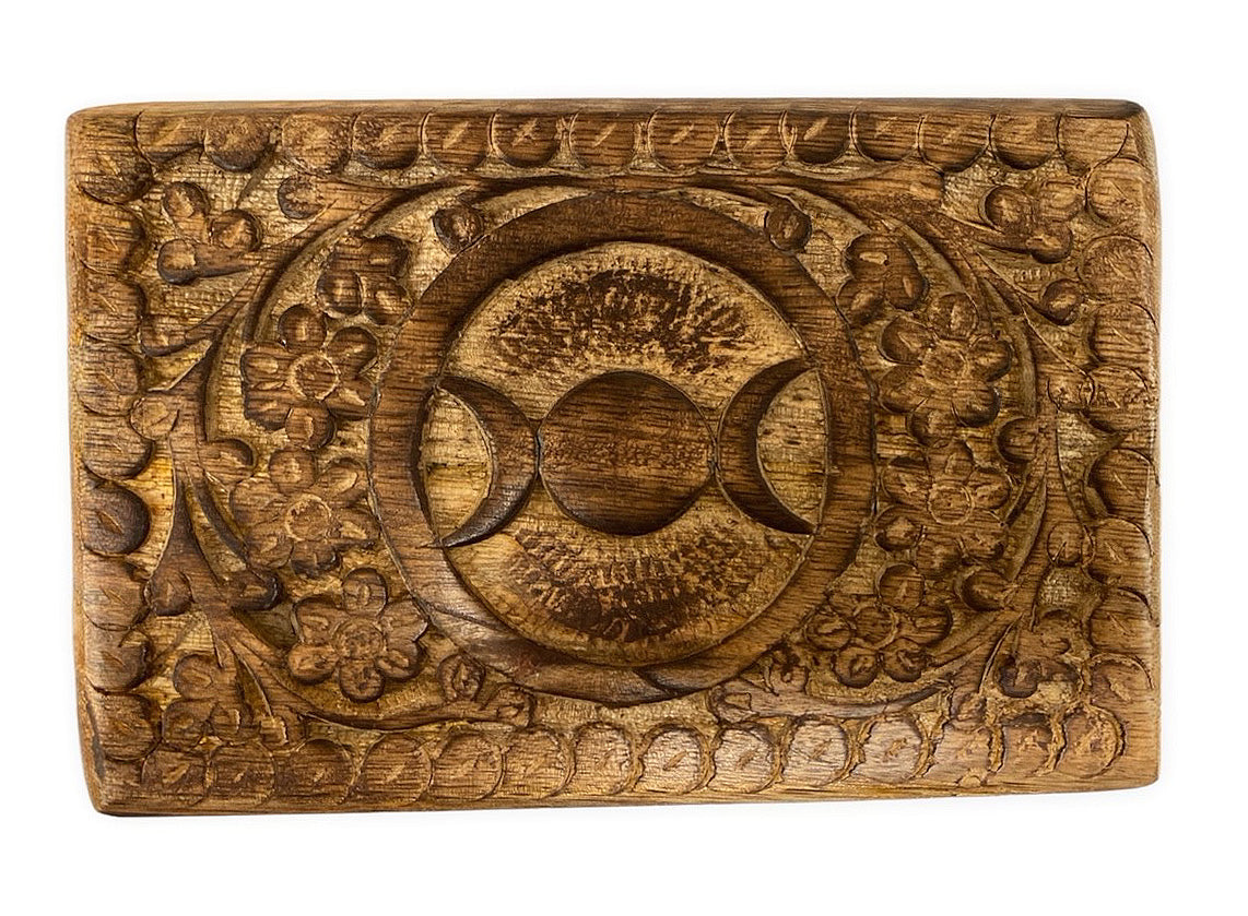 Triple Moon -  Carved Wooden Box - 4 x 6 inch - India - NEW322