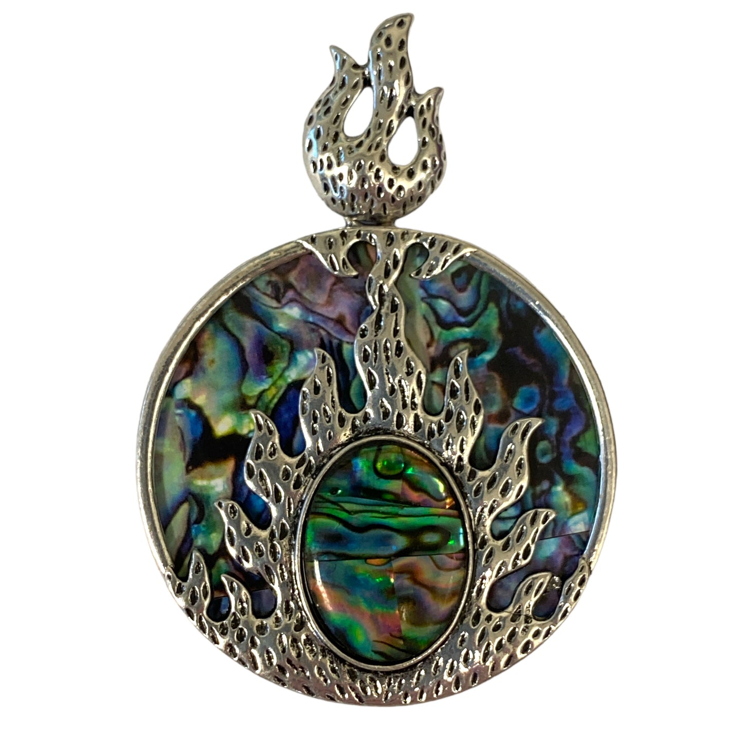 Round Flame Design  Pendant with Abalone Shell inlay - Silver Color Plated Metal - 45mm - China - NEW1022