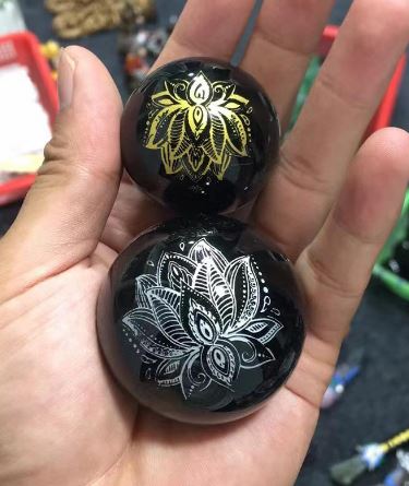 BLACK OBSIDIAN with Silver Lotus Flower Engraving - 50mm - Sphere -NEW922
