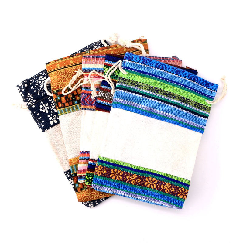 Colorful Woven COTTON #5 BAGS 4 x 5.5 inch - with Draw String - Assorted Patterns w/ White Strip - NEW222