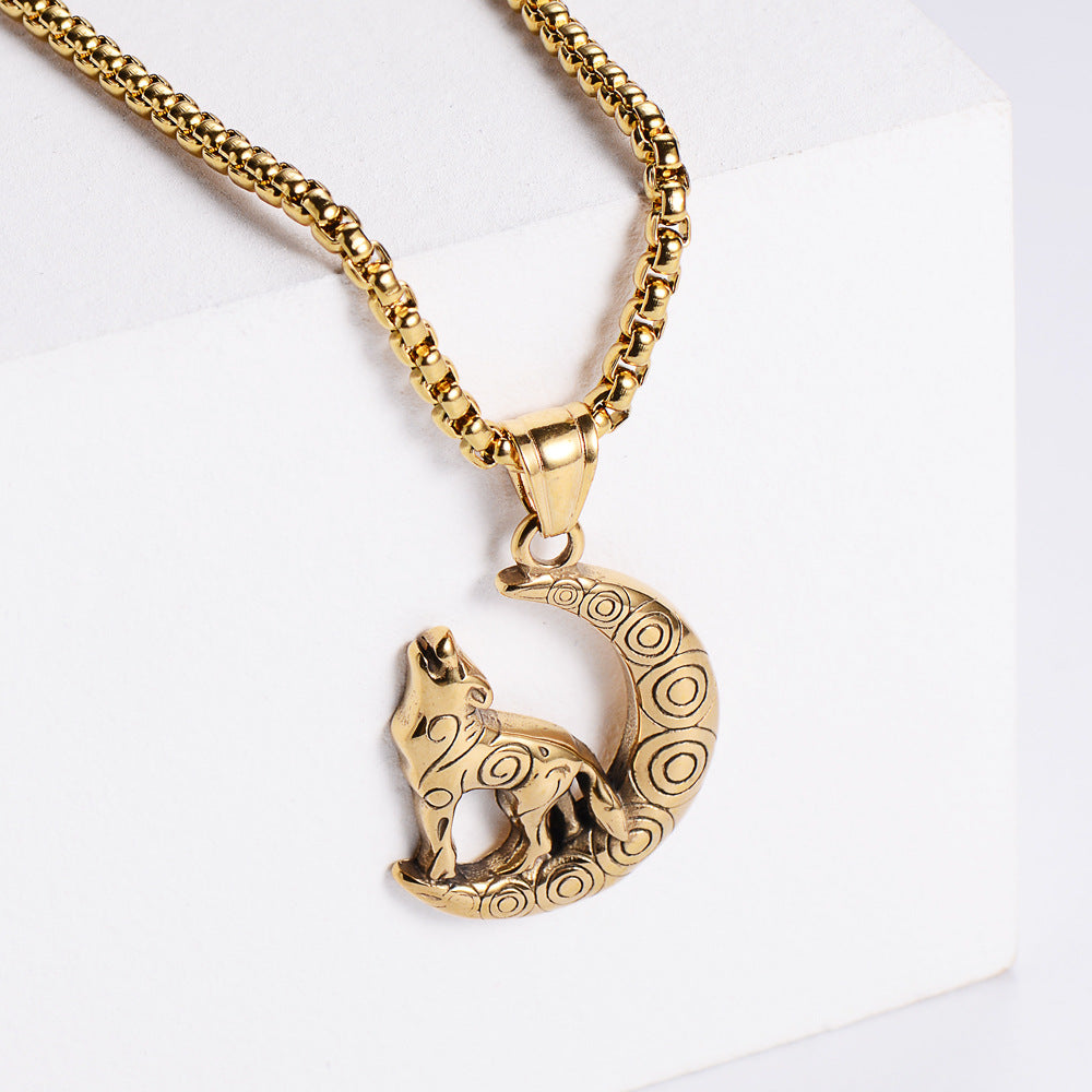 Stainless Steel Wolf & Moon Pendant with 60cm Chain - Gold Color - 30x26mm 12 grams - NEW922