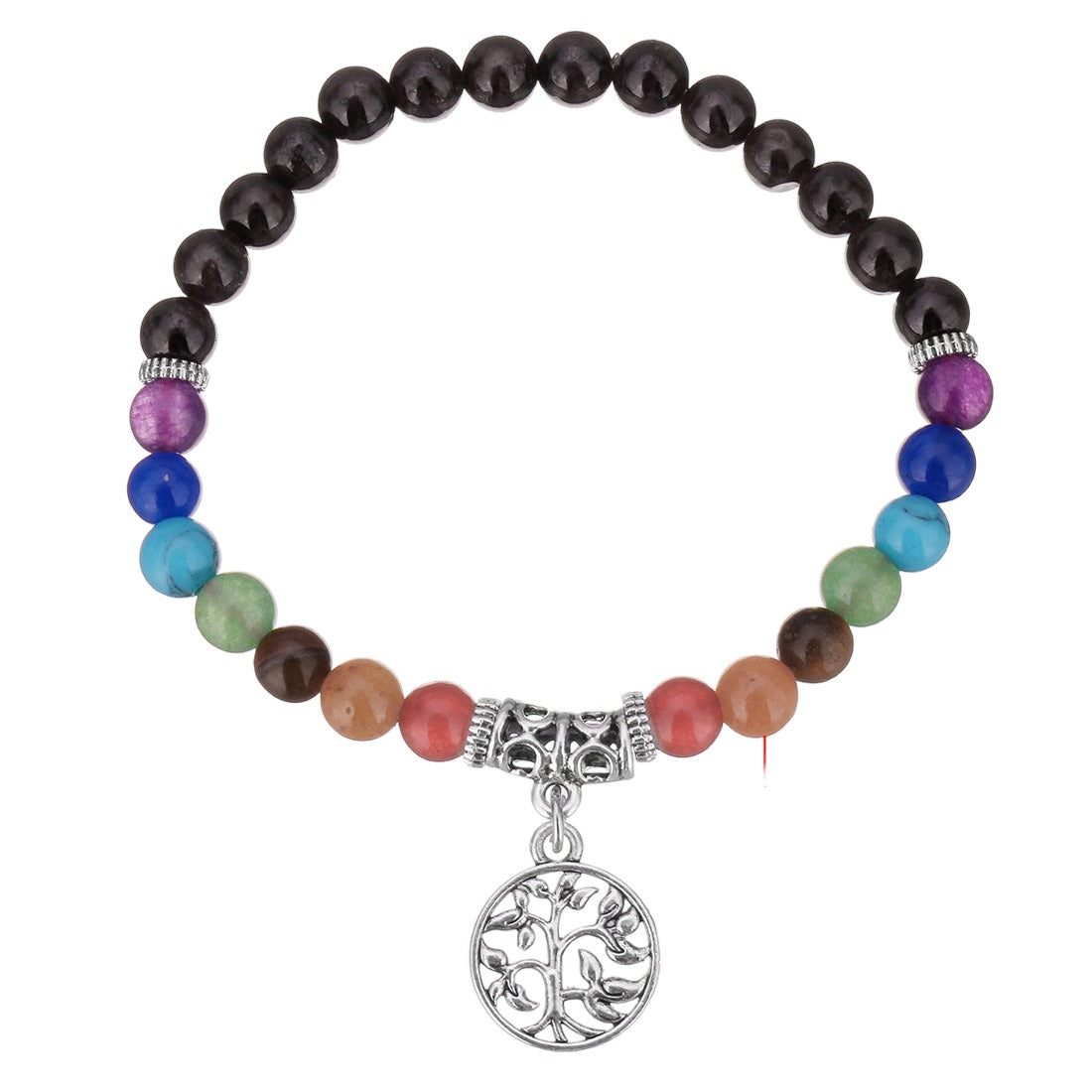 Black Agate Chakra Bracelet with Tree of Life Charm - 6mm - NEW523
