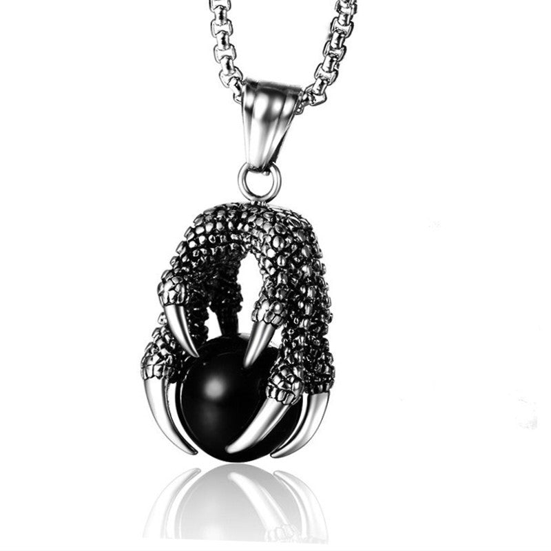 Stainless Steel Dragon Claw with Black Agate Sphere Pendant with 60cm chain - Silver Color - 43 x 21mm 20 grams - NEW522