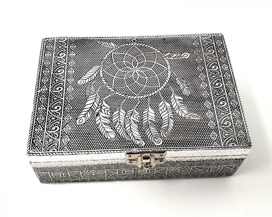 Dream Catcher Box - Carved METAL Over Wood - 4.75 x 6.75 inch - NEW1221