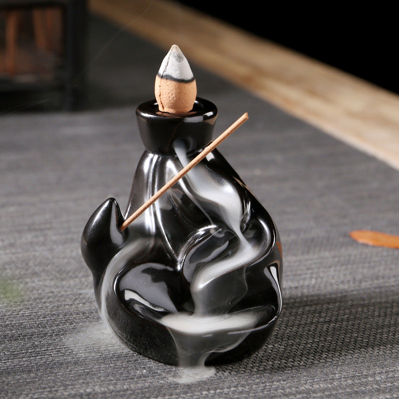 Black Lotus Trumpet Porcelain Backflow Incense Burner - Black - 7x7x8cm - China - NEW922