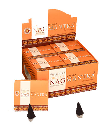 GOLDEN Nag Mantra Incense Cones - 10 cones per pack 12 packs per box - NEW1222