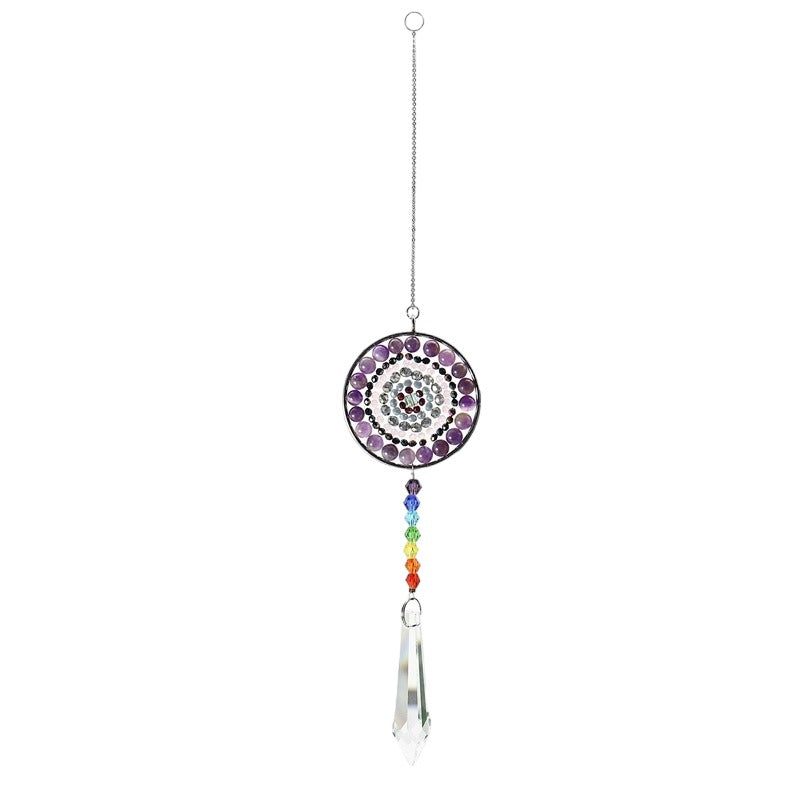 K9 Crystal Hanger with Chakra Beads and Purple Gemstones Clear Glass - 14.9 inch - NEW523