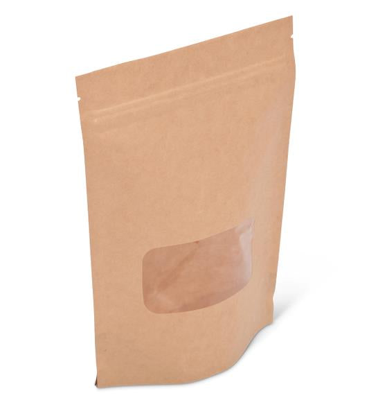 PK/100 - Stand Up Barrier Pouches - Kraft with Window - 6x11x3 inch 12 oz.
