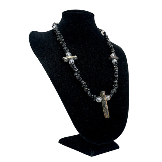 I AM Protected Power Necklace - Black Tourmaline Chips & Raw with Crystal Quartz 7mm Beads - NEW1021