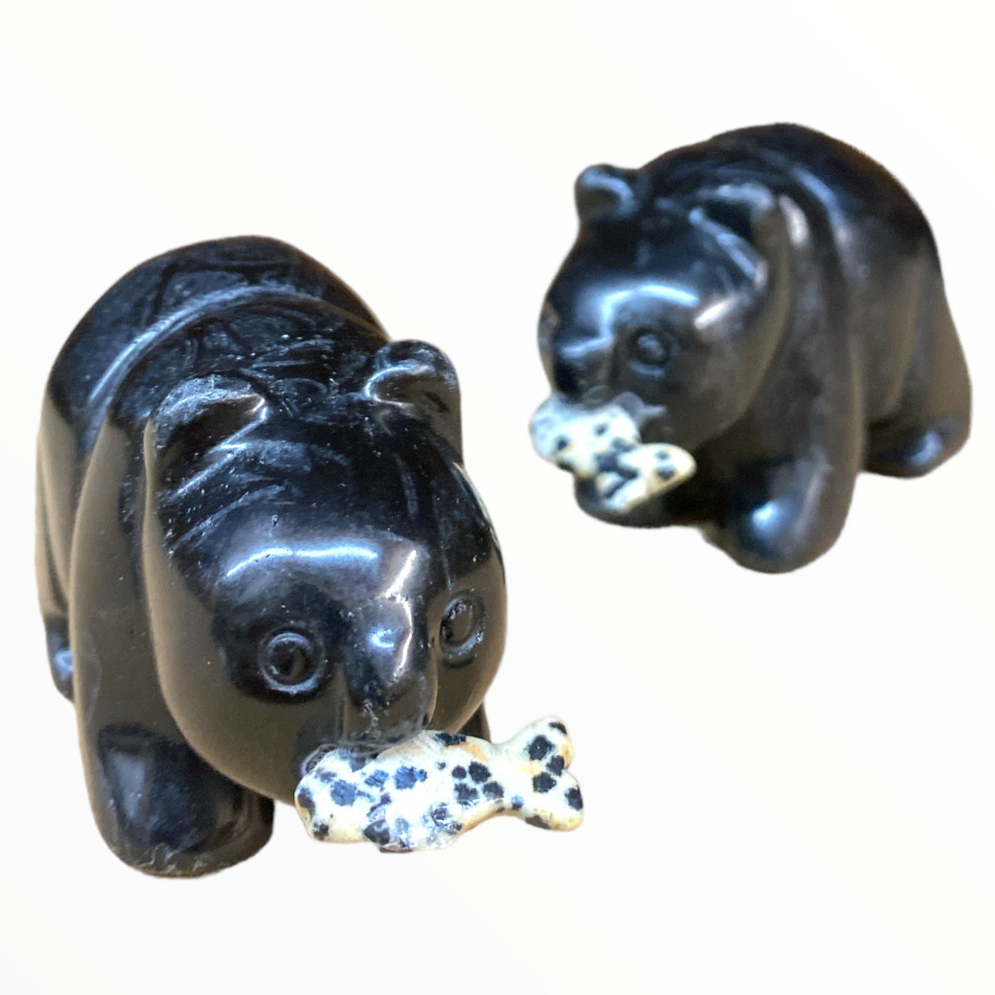 Bear with Fish - Black Obsidian - Carving from China - NEW123