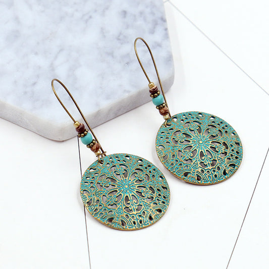 Antiqued Bronze Round Earrings with Synthetic Turquoise & Wood Hooks - Zinc Alloy Lead & Cadmium Free - Size 35x70mm