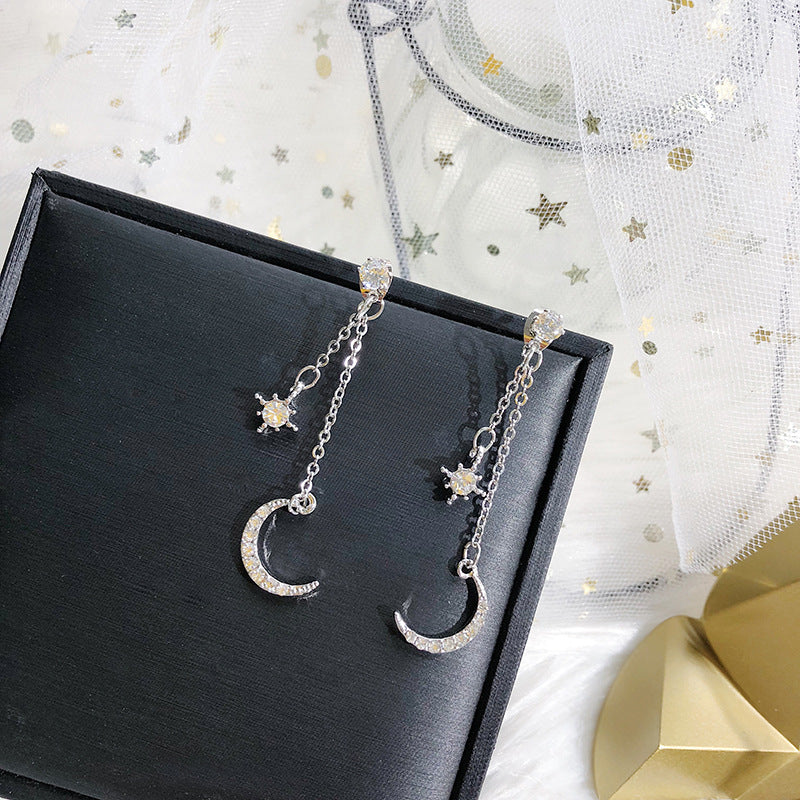 Sterling Silver Drop Earring with Brass Moon and Star Silver Color Plated with rhinestone 60mm 3.2 G - China - NEW922