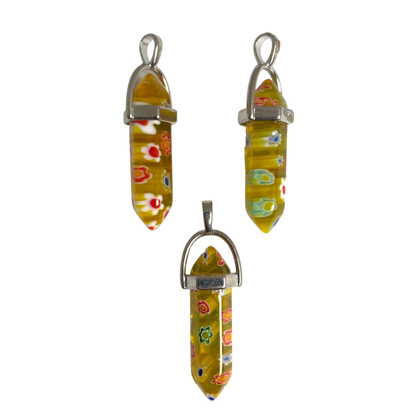 Yellow Glass Multi Colored Flower Design Pendant - Brass Bail - Platinum Color Plated - NEW922