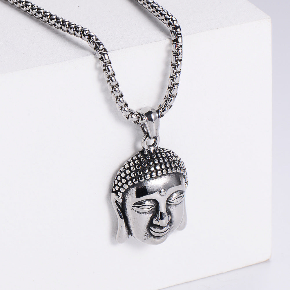 Stainless Steel Buddha Head Pendant with 60cm Chain - Silver Color - 29x24mm 17 grams - NEW922