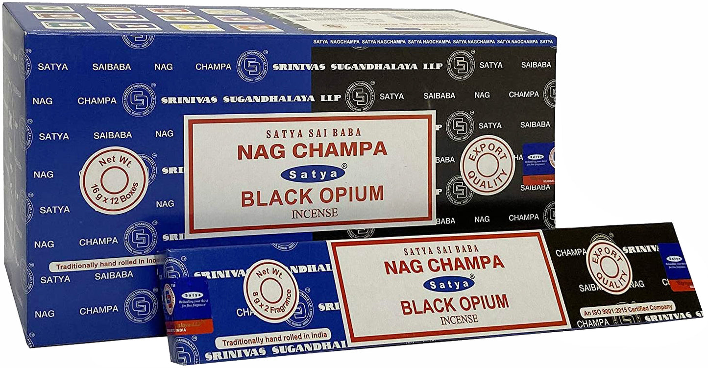 Satya Combo Series - Black Opium & Nag Champa Incense - Box of 12 Packs Each pack contains 8gms of each scent - 16g NEW421