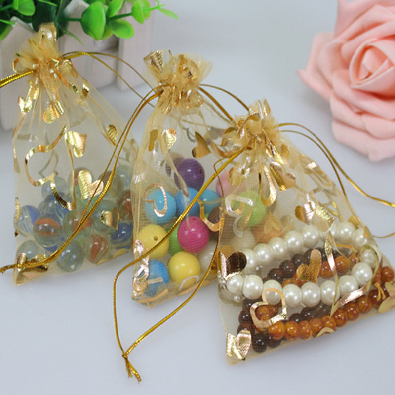 PK/100 GOLD with Gold Print 2.75 x 3.5 inch ORGANZA POUCH BAG - RECTANGLE with Draw String - 7x9cm - NEW1021
