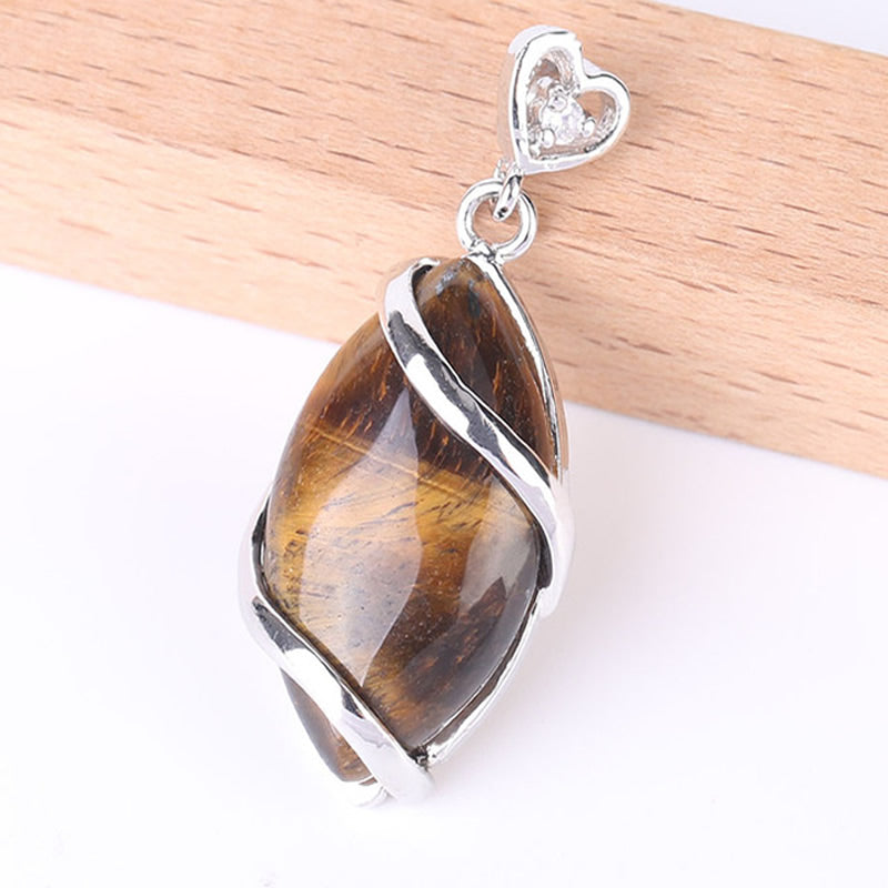 Tigers Eye Gemstone Pendant with Rhinestone - Silver Color Plated Brass - 37x17mm - China - NEW922