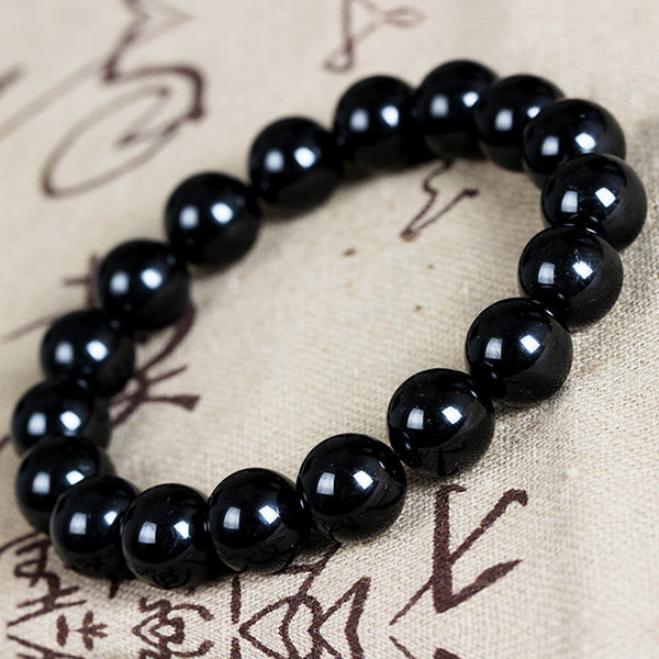 Black Tourmaline Bracelet, Round, October Birthstone - 8mm Beads - Approx 7.5 Inch