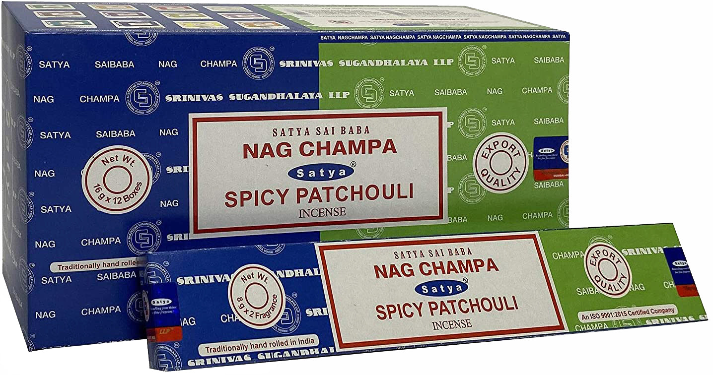 Satya Combo Series - Spicy Patchouli & Nag Champa Incense - Box of 12 Packs Each pack contains 8gms of each scent - 16g NEW421
