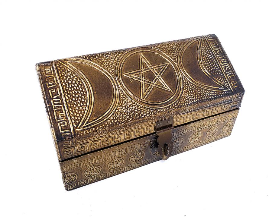Triple Moon Pentagram Carved Metal over Wood Hut Shape Box with latch 4x6 inch - NEW621