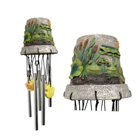 FLOWER POT WIND CHIME - 12 INCH - FROGS AND LILYPADS