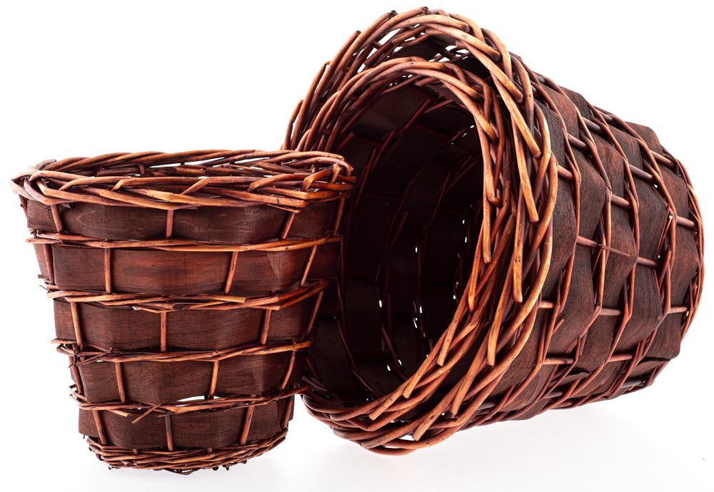 11.5 - 10 & 9 deep inch Set of 3 - Round Wood Chip & Willow Deep Planters Waste Baskets - Brown Stain - 9 - 11 - 13 inch Dia. inside