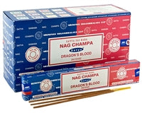 Satya Incense - Dragons Blood & Nag Champa - Box Of 12 Packs - Each pack contains 8gms each of both scents - NEW1120