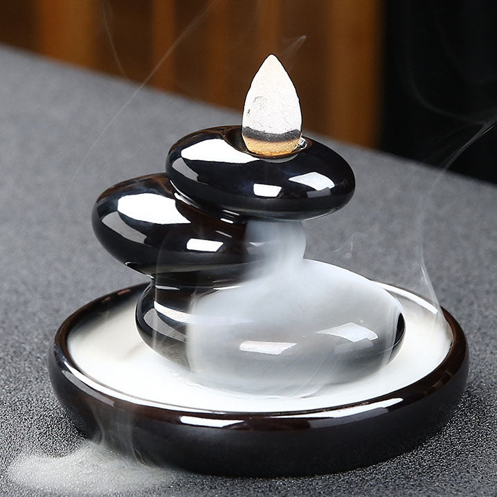 Sansheng Stone Porcelain Backflow Incense Burner - Black - 9.5x9