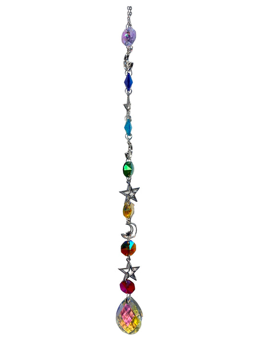 K9 Crystal Silver Color Twinkle Hanger with Moon & 7 Chakra color Stars - Long - 40cm - China - NEW123