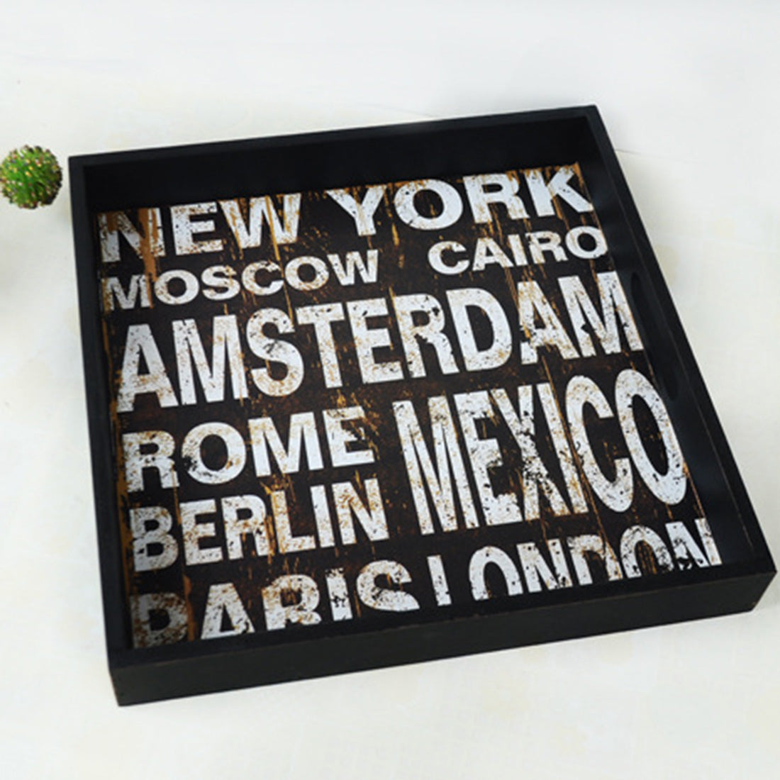 Wood Serving Tray with CITY NAMES - BLACK - Size: 13.75 x 2 inch - 35x5cm deep - NEW1020
