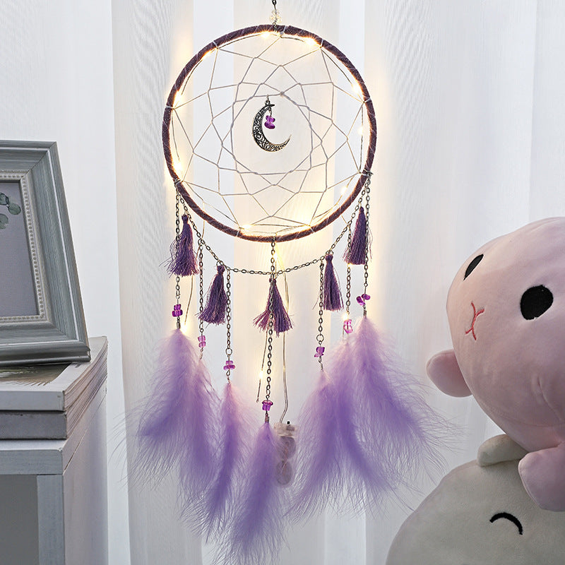 Feather Dream Catcher with Crescent Moon - Velveteen & Chain - Purple - 16 x 50cm - No Lights - NEW922